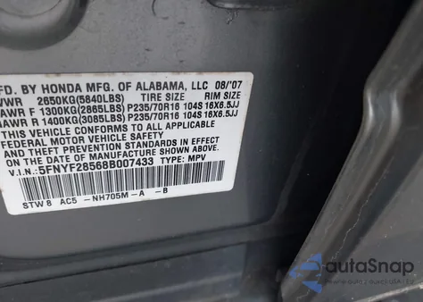 2008 Honda Pilot Ex-L from USA, damaged, VIN 5FNYF28568B007433